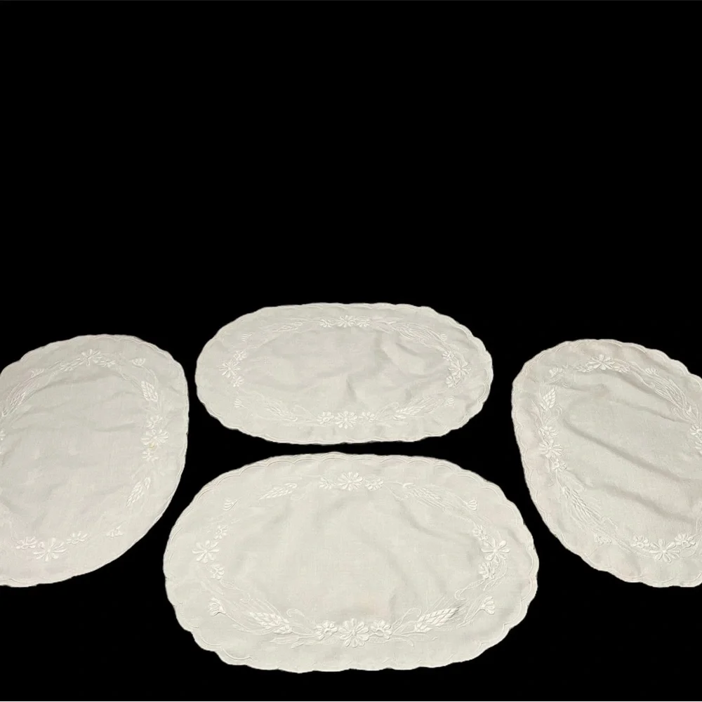 White Linen Oval Placemats Set of 4  Shaped White Floral Embroidery Grandma core